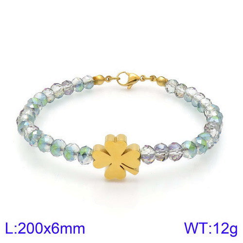 Pulsera trebol oro 14k laserada cristales acero inoxidable 316L