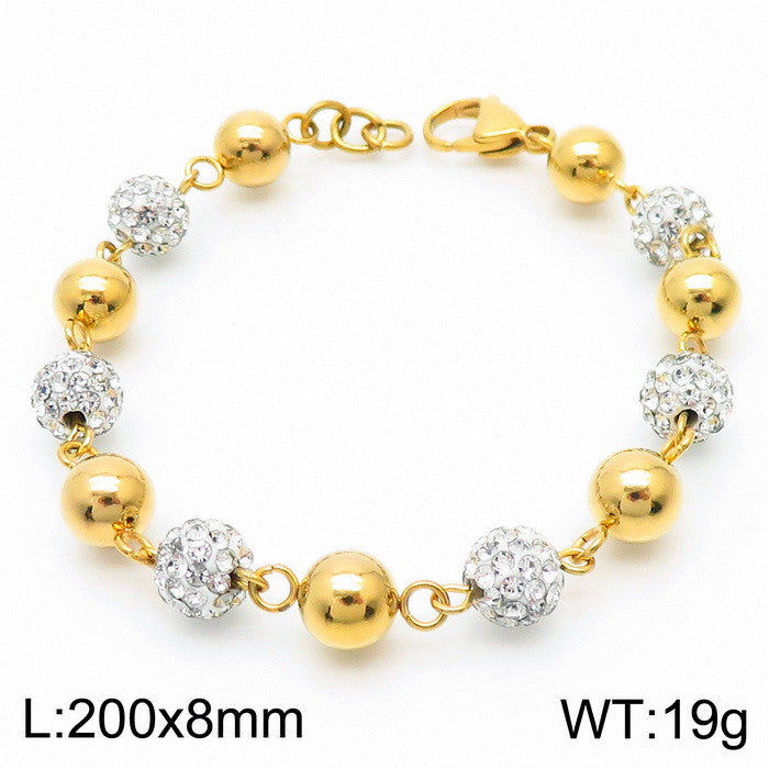 Pulsera bolitas cristales/oro 14K laserada acero inoxidable 316L