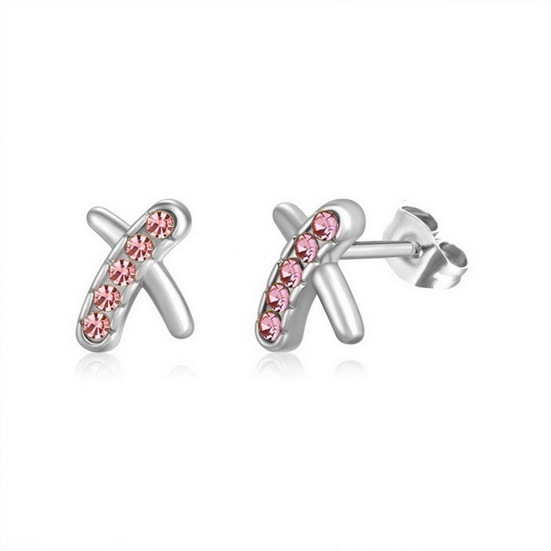 Aretes en X plateados/cristales rosa acero inoxidable 316L