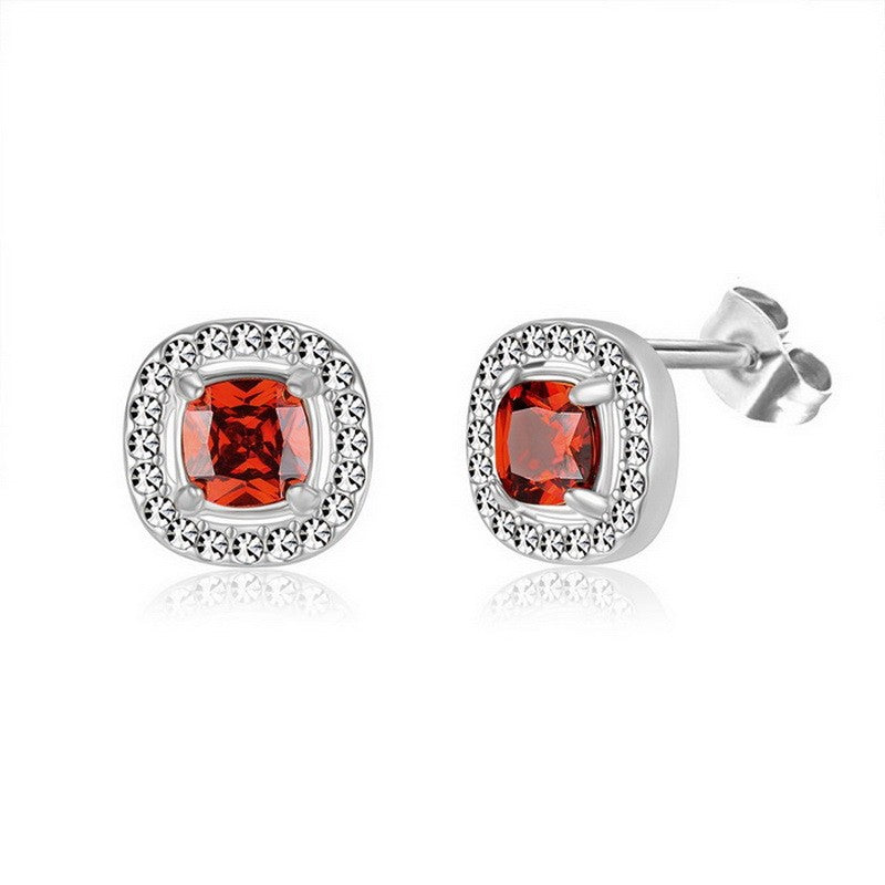 Aretes cuadrados plateados/cristal rojo acero inoxidable 316L