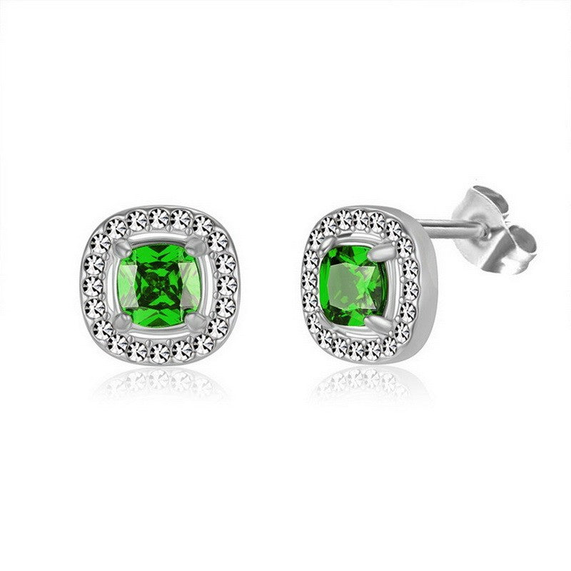 Aretes cuadrados plateados/cristal verde acero inoxidable 316L