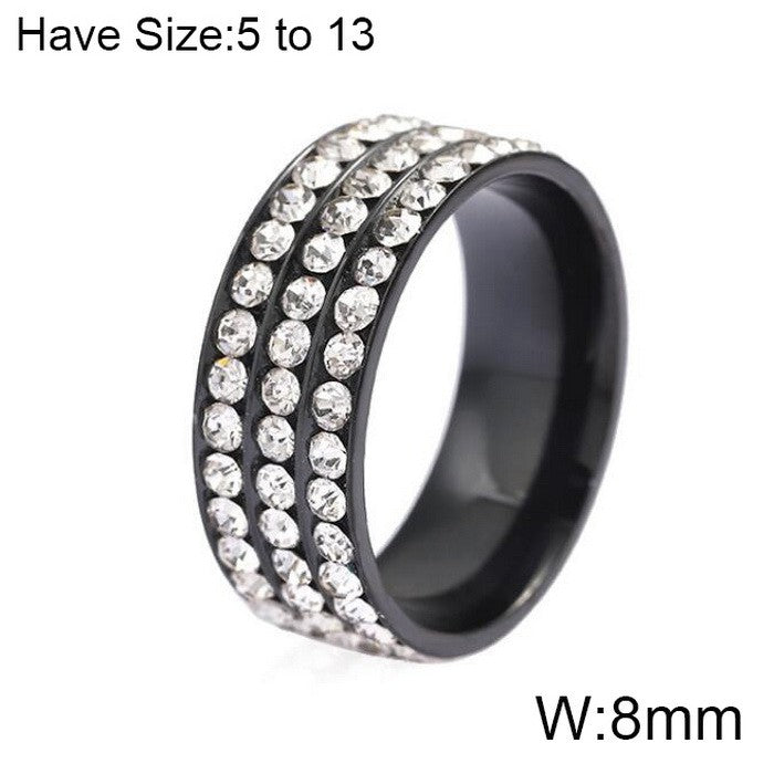 Anillo aro ancho negro con cristales blancos acero inoxidable 316L