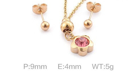 Set cadena y aretes flor oro 14K/cristal rosado acero inoxidable 316L