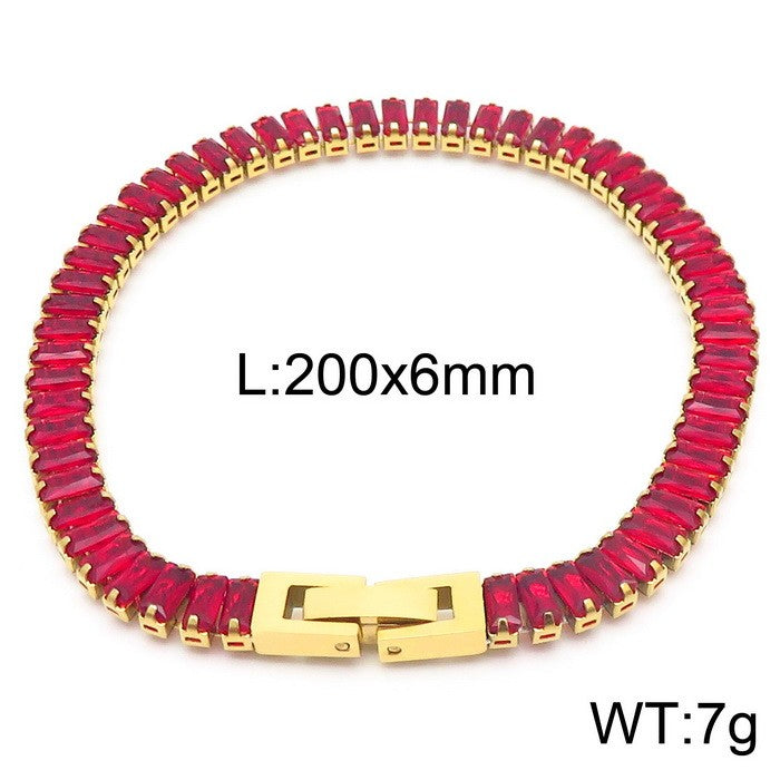 Pulsera cristales rojos baguettes oro 14K laserada acero inoxidable 316L