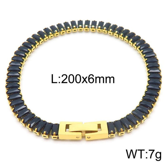 Pulsera cristales negros baguettes oro 14K laserada acero inoxidable 316L