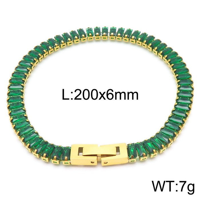 Pulsera cristales verde baguettes oro 14K laserada acero inoxidable 316L