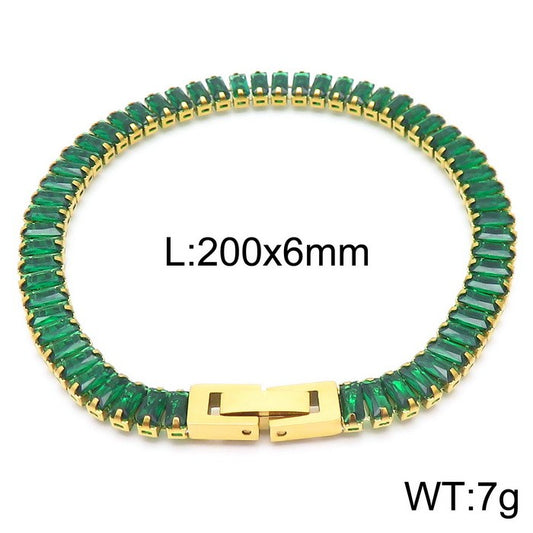 Pulsera cristales verde baguettes oro 14K laserada acero inoxidable 316L