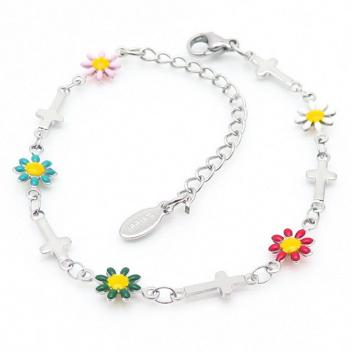 Pulsera plateada flores/cruces colores acero inoxidable 316L