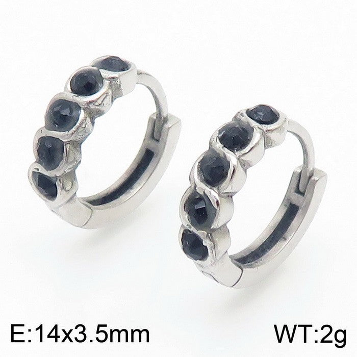 Argollas  plateadas/cristales negros acero inoxidable 316L