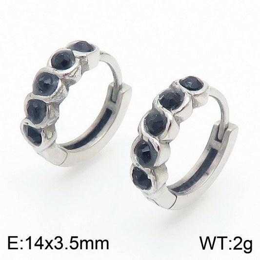 Argollas  plateadas/cristales negros acero inoxidable 316L
