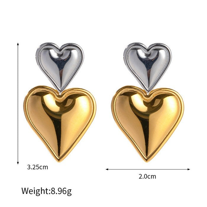 Aretes corazon plateado/oro 14K laserada acero inoxidable 316L