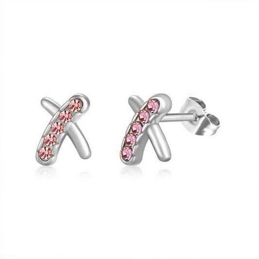 Aretes en X plateados/cristales rosa acero inoxidable 316L