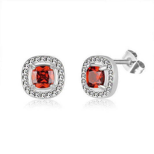 Aretes cuadrados plateados/cristal rojo acero inoxidable 316L