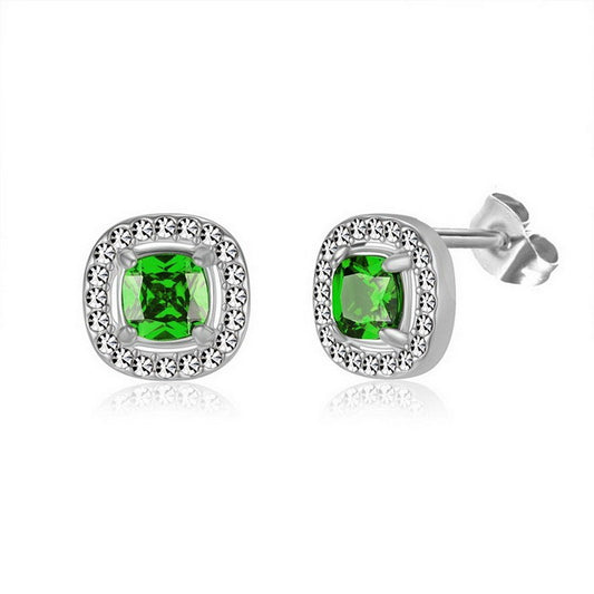 Aretes cuadrados plateados/cristal verde acero inoxidable 316L