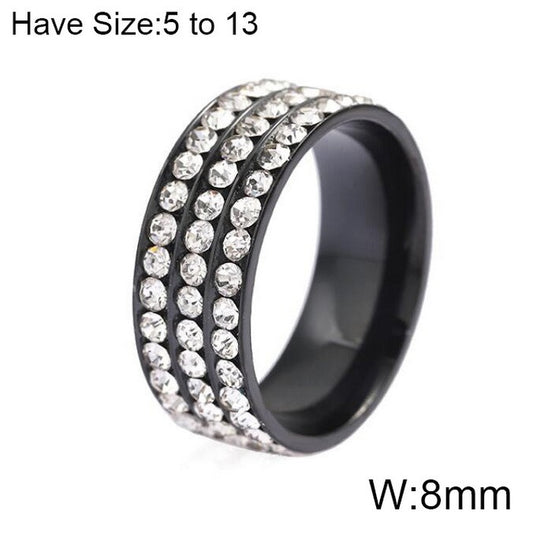 Anillo aro ancho negro con cristales blancos acero inoxidable 316L