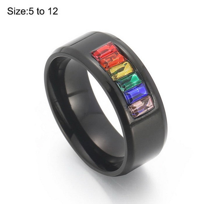 Anillo aro ancho negro con cristales baguettes colores  acero inoxidable 316L