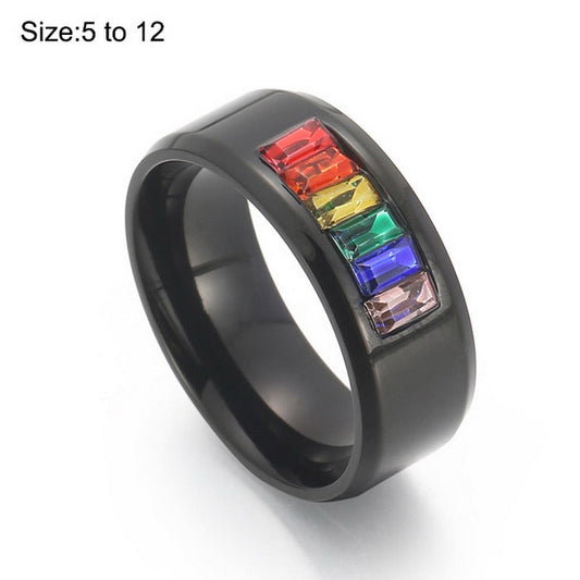 Anillo aro ancho negro con cristales baguettes colores  acero inoxidable 316L
