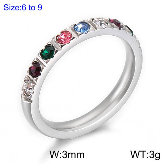Anillo aro plateado con cristales colores acero inoxidable 316L
