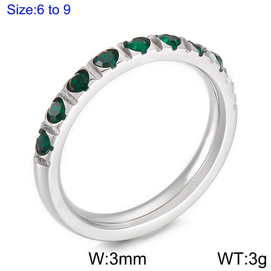 Anillo aro plateado con cristales verdes acero inoxidable 316L