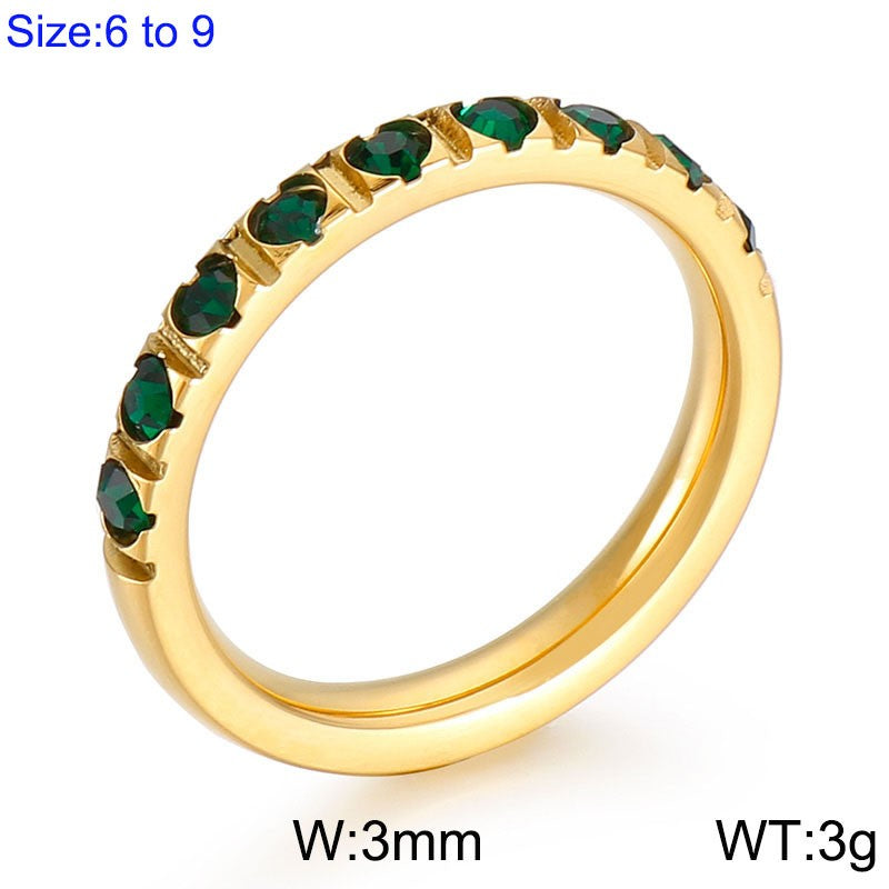 Anillo aro oro 14K laserado con cristales verdes acero inoxidable 316L