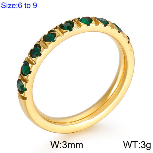 Anillo aro oro 14K laserado con cristales verdes acero inoxidable 316L