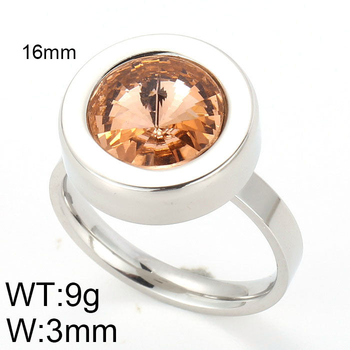 Anillo plateado cristal redondo naranja acero inoxidable 316L