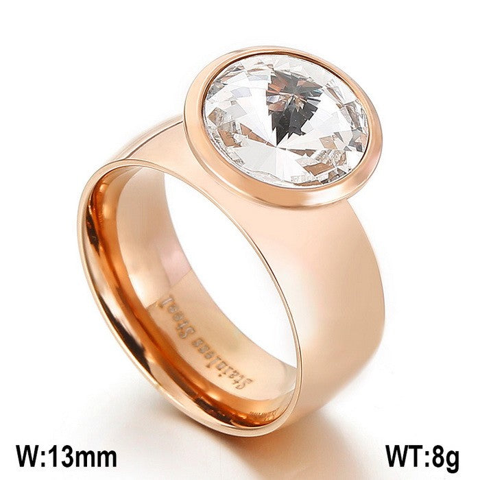 Anillo oro rosado laserado solitario cristal acero inoxidable 316L