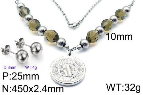 Set cadena y aretes bolita San Benito plateados/cristal musgo acero inoxidable 316L