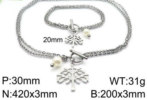 Set cadena y pulsera arbol de la vida plateados/perla acero inoxidable 316L